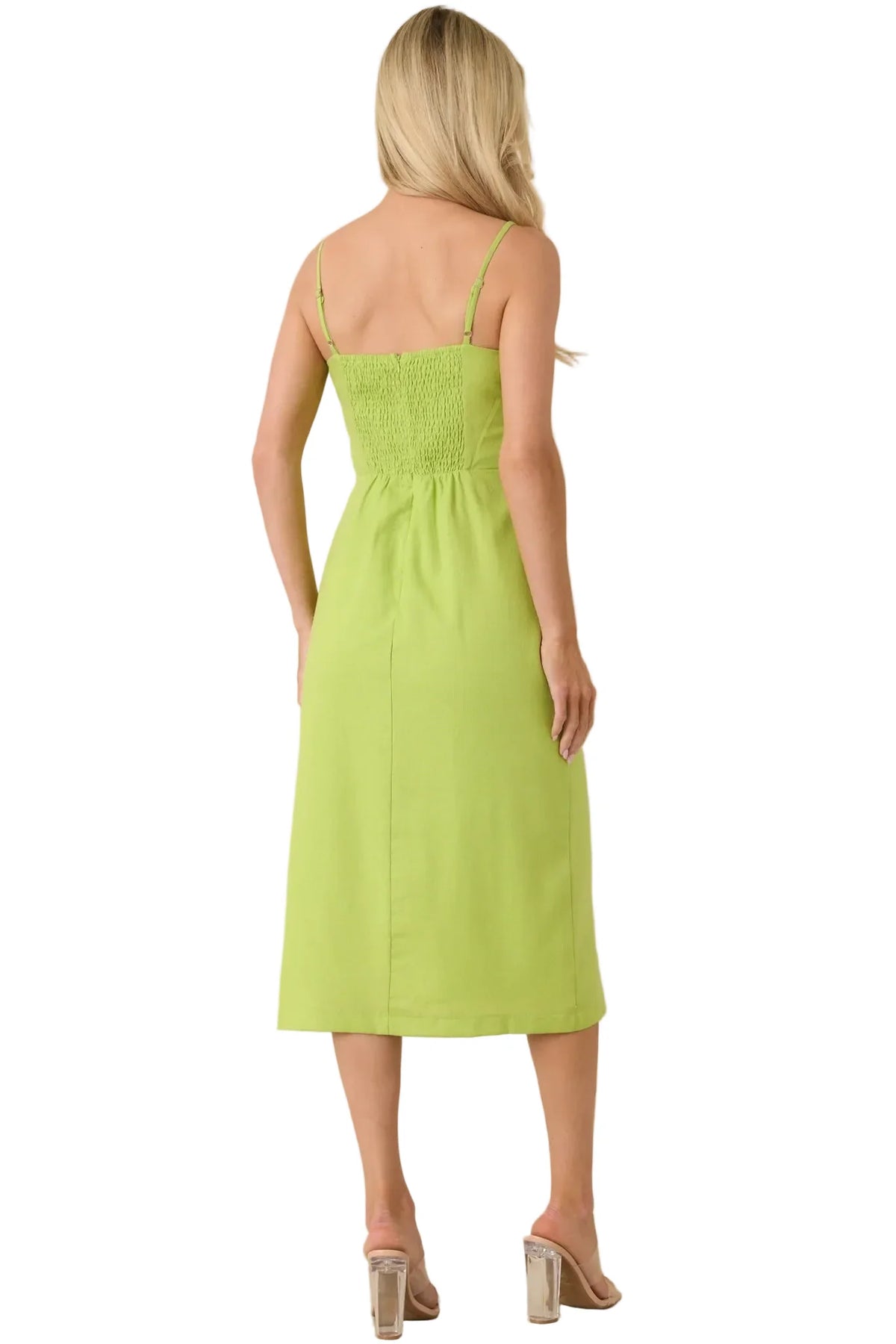 Chartreuse Floral Appliqué Linen Blend Midi Dress
