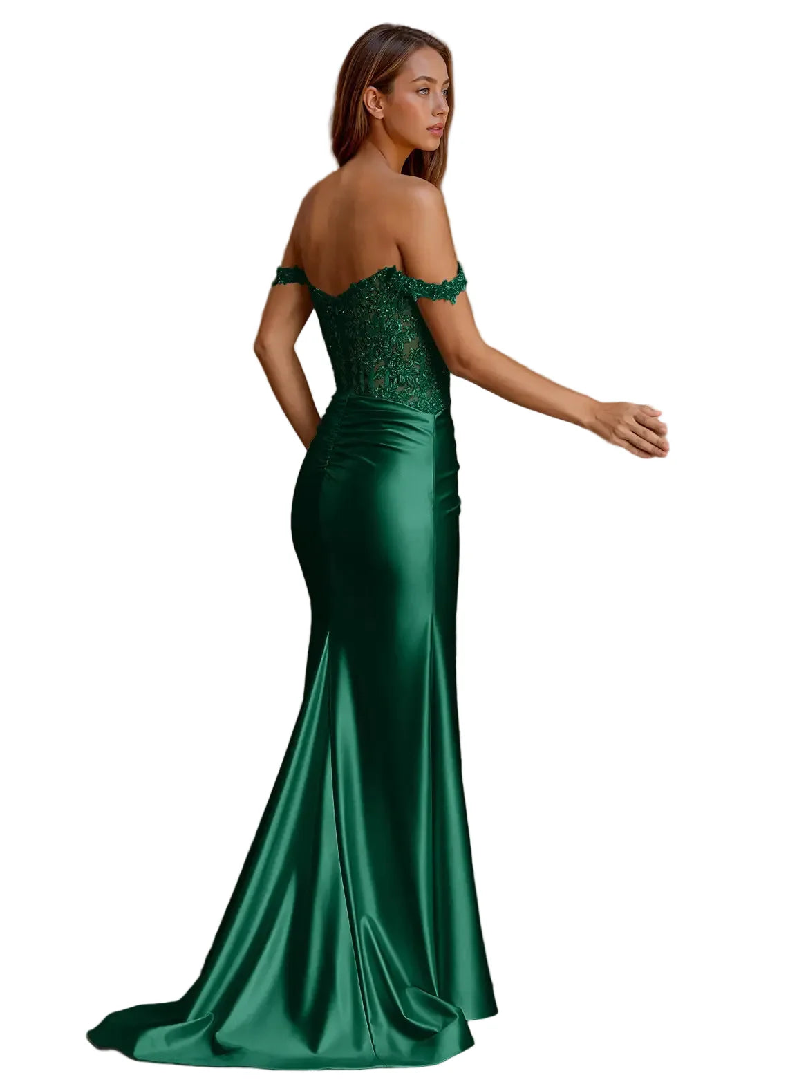 Wrentino Dark Green Embroidered Satin Mermaid Gown