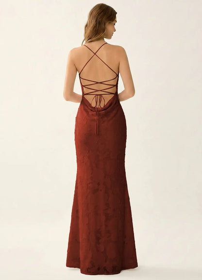 Natasha Truffle Jacquard Lace-Up Mermaid Gown