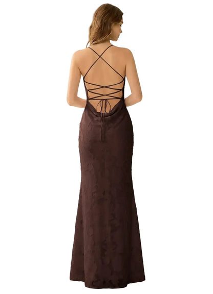 Natasha Truffle Jacquard Lace-Up Mermaid Gown