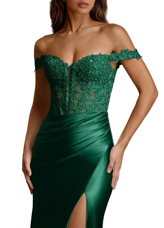 Wrentino Dark Green Embroidered Satin Mermaid Gown