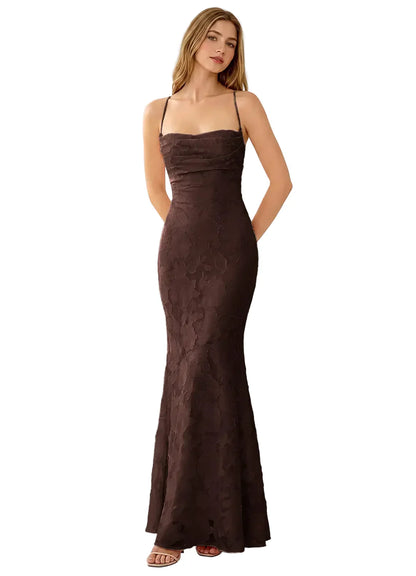Natasha Truffle Jacquard Lace-Up Mermaid Gown
