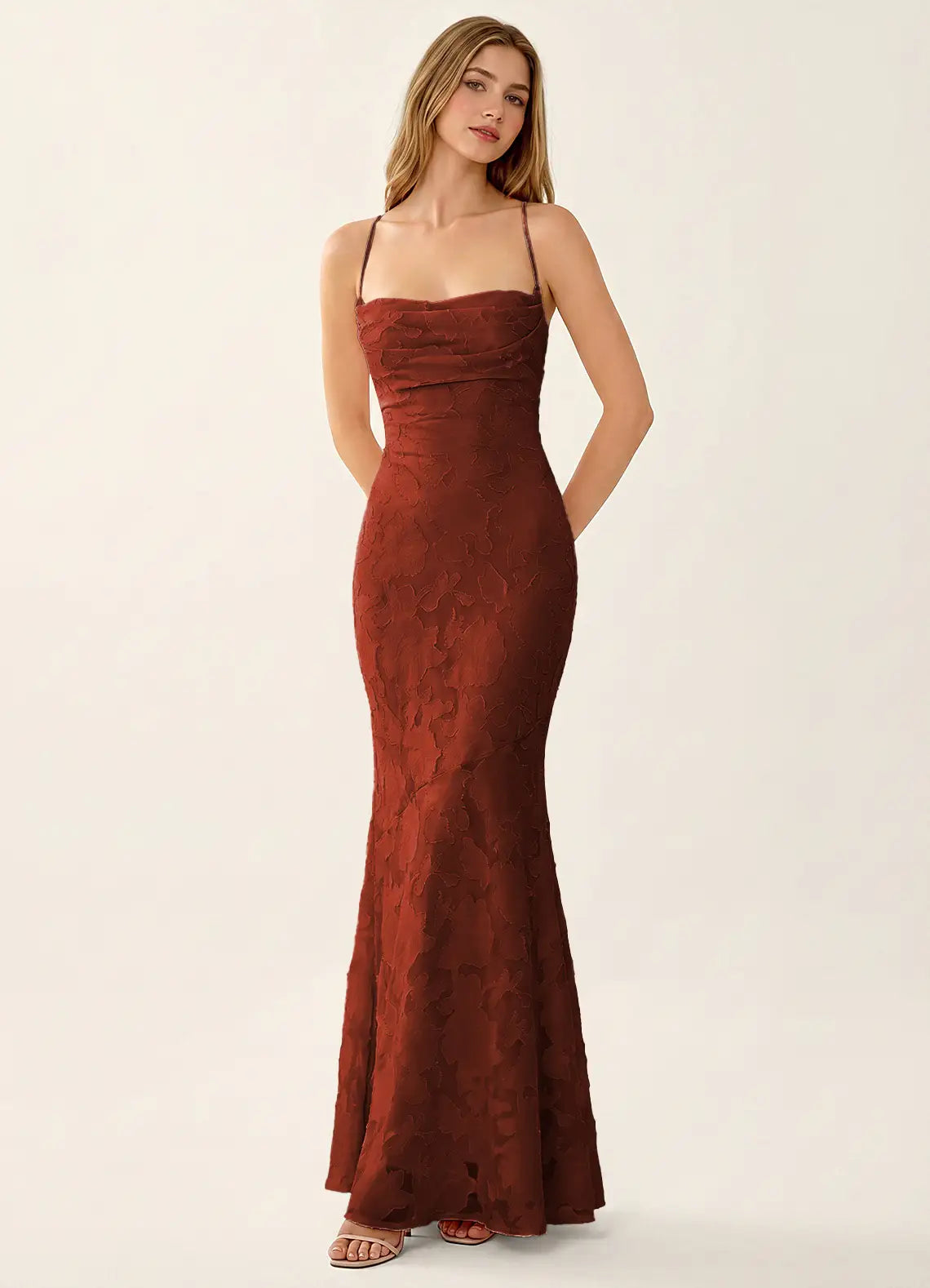 Natasha Truffle Jacquard Lace-Up Mermaid Gown