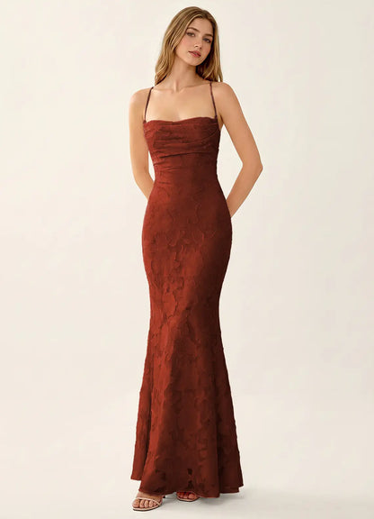 Natasha Truffle Jacquard Lace-Up Mermaid Gown