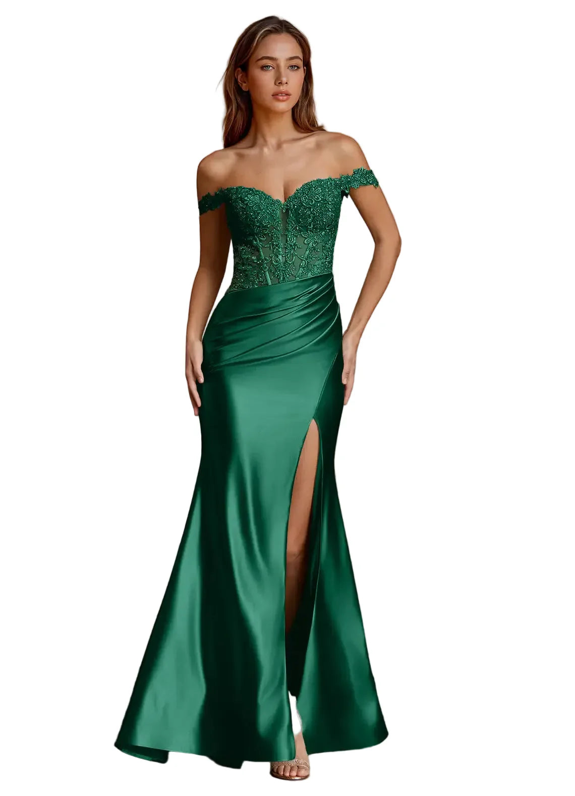 Wrentino Dark Green Embroidered Satin Mermaid Gown