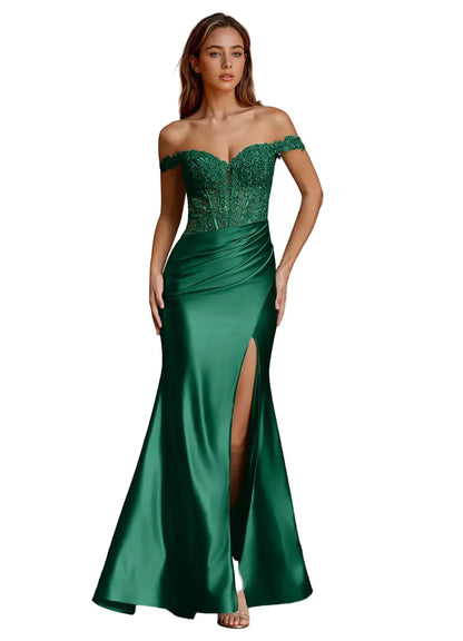 Wrentino Dark Green Embroidered Satin Mermaid Gown