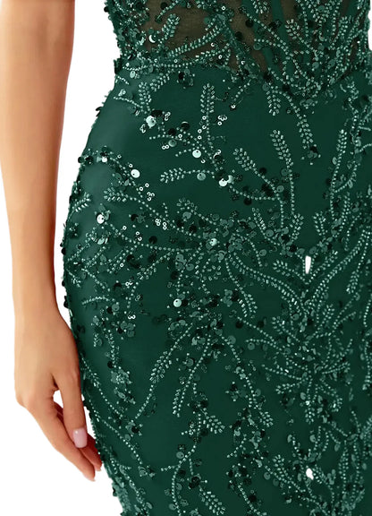 Zivah Dark Green Beaded Mermaid Gown with Lace-Up Corset Back