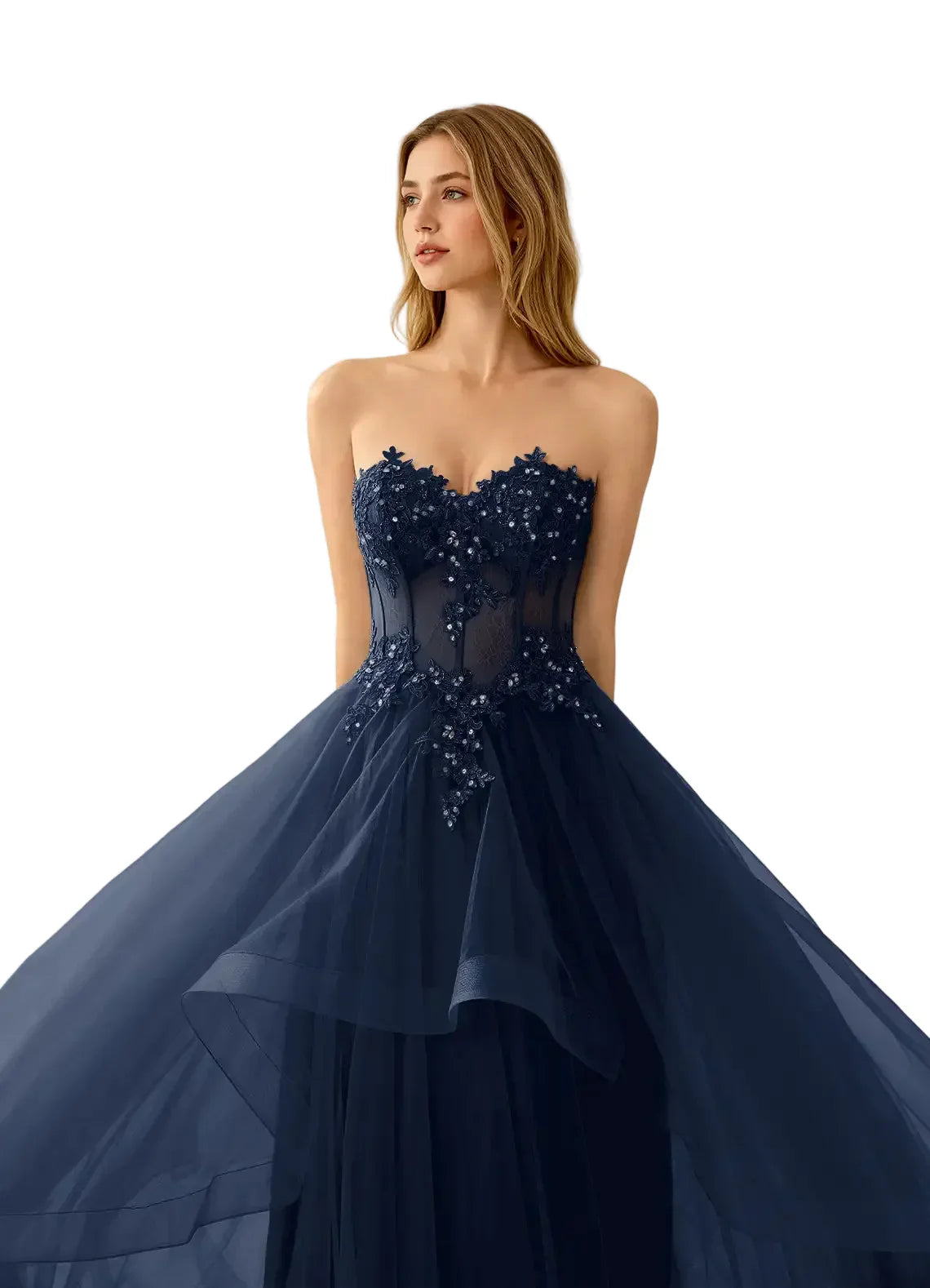 Anais Navy Lace Corset Ruffle Tier Ball Gown