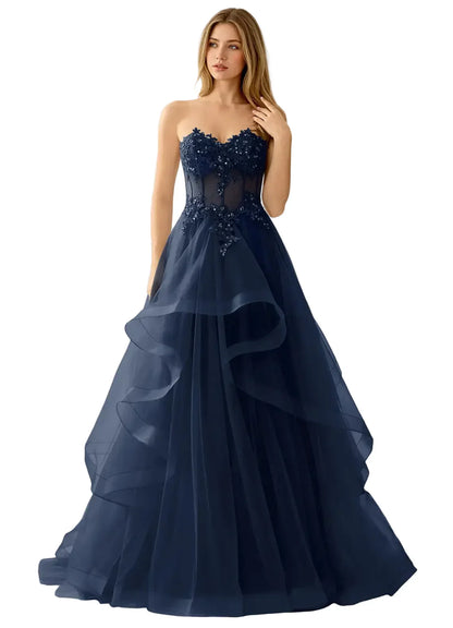 Anais Navy Lace Corset Ruffle Tier Ball Gown