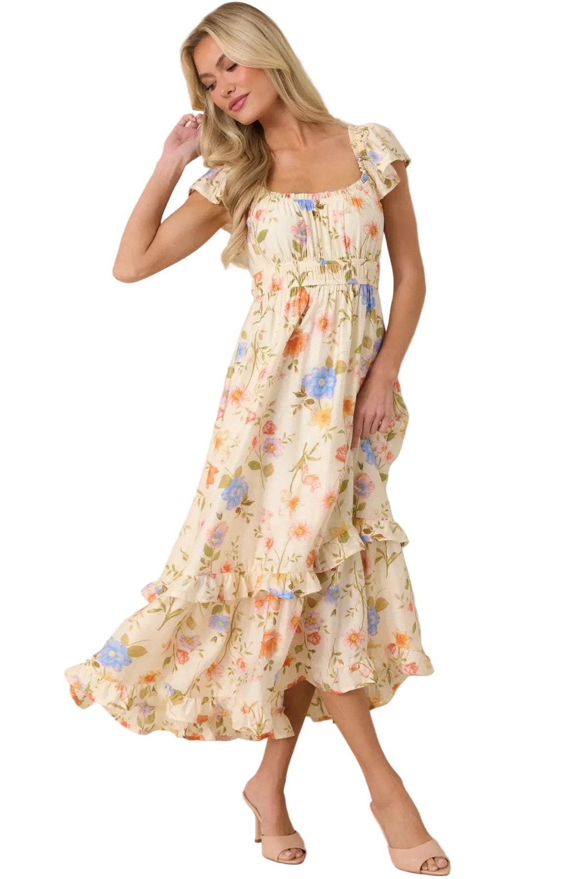 Wildflower Wishes Light Beige Floral Tiered Midi Dress