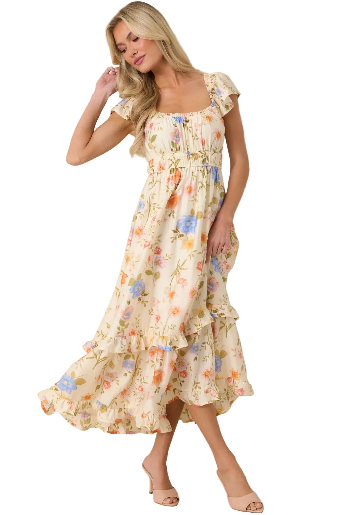 Wildflower Wishes Light Beige Floral Tiered Midi Dress