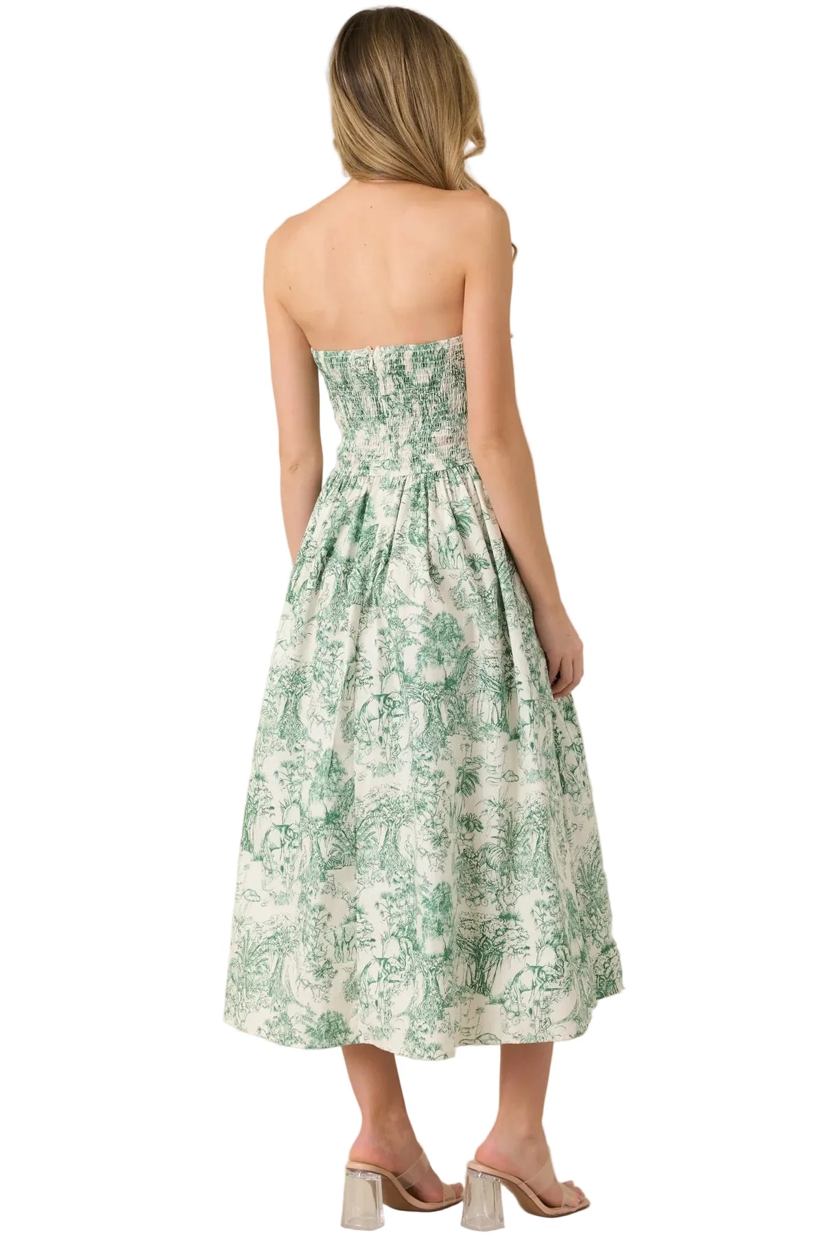 Genevieve Green Toile Strapless Midi Dress
