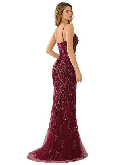 Briareny Burgundy Sequin Embroidered Mermaid Gown
