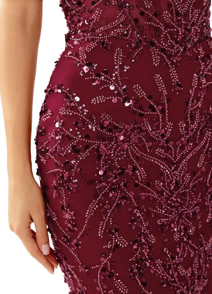 Briareny Burgundy Sequin Embroidered Mermaid Gown