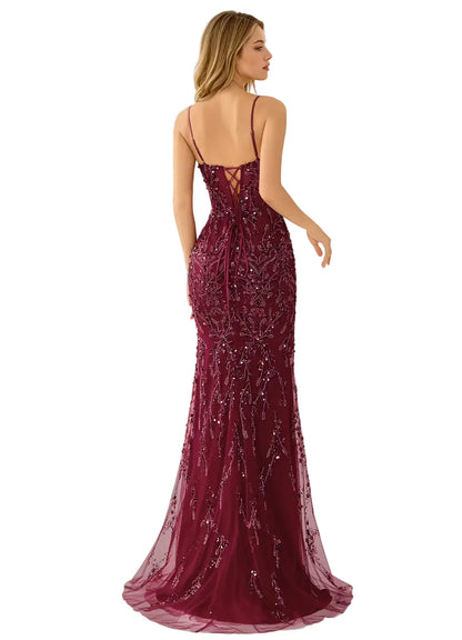 Briareny Burgundy Sequin Embroidered Mermaid Gown