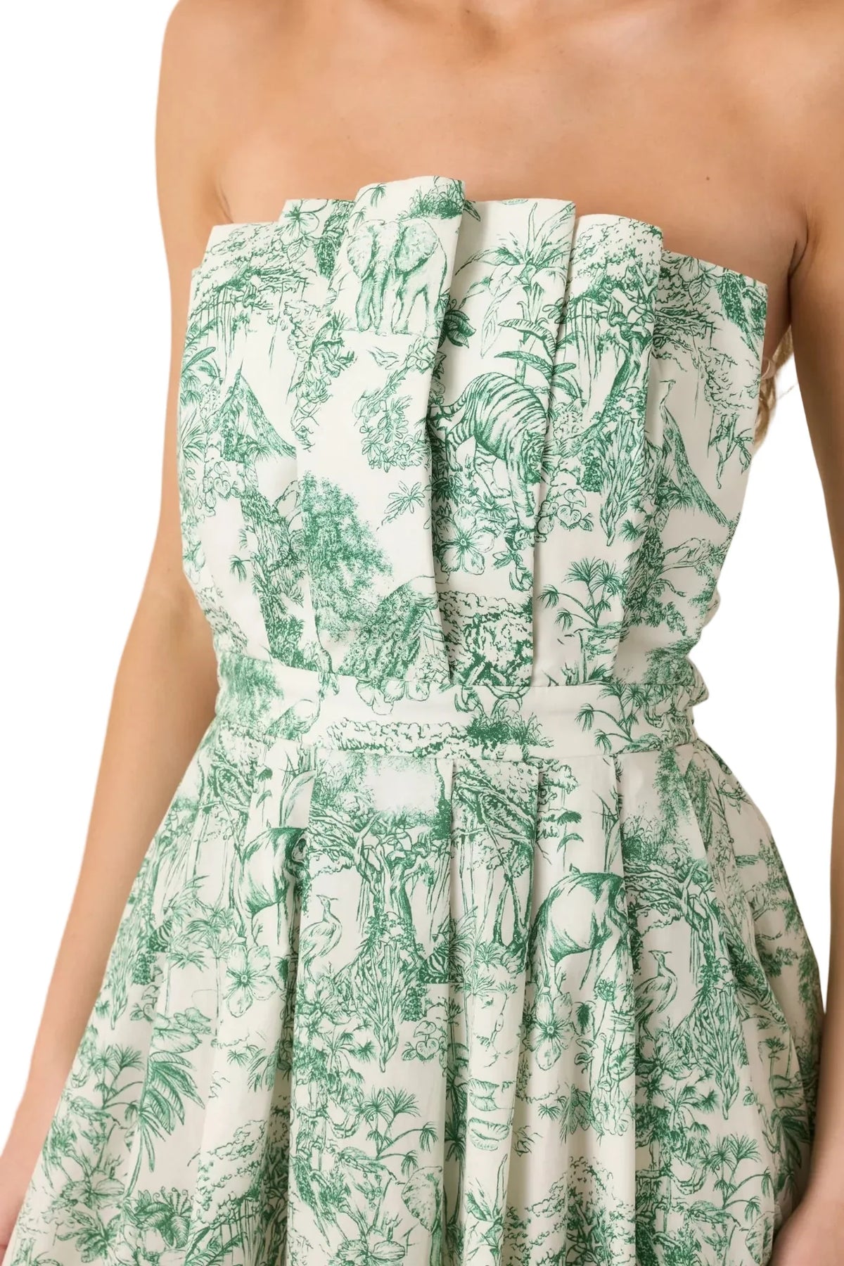 Genevieve Green Toile Strapless Midi Dress
