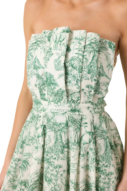 Genevieve Green Toile Strapless Midi Dress