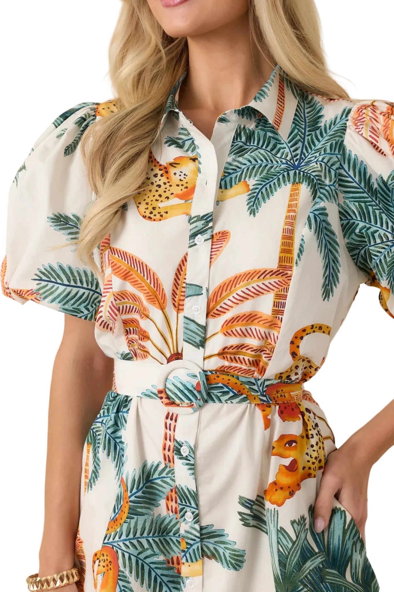 Island Escape Tropical Puff Sleeve Mini Dress