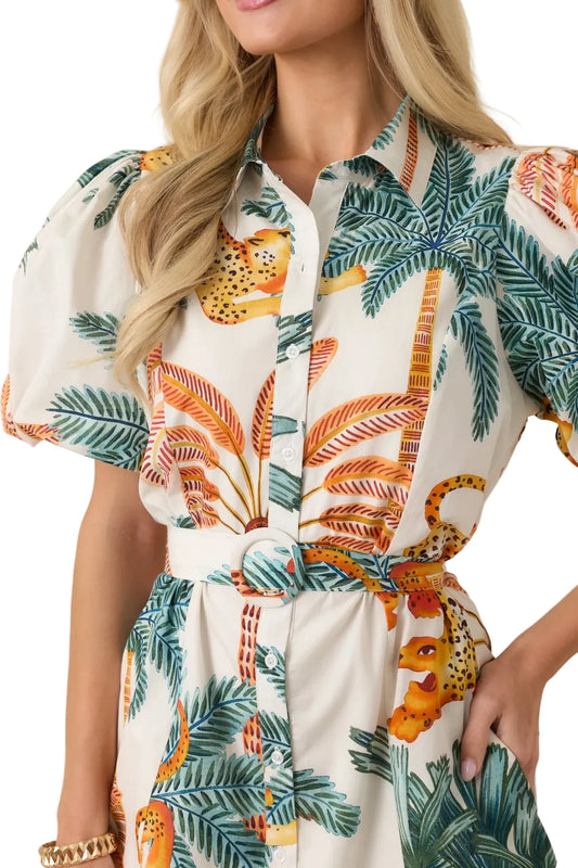 Island Escape Tropical Puff Sleeve Mini Dress