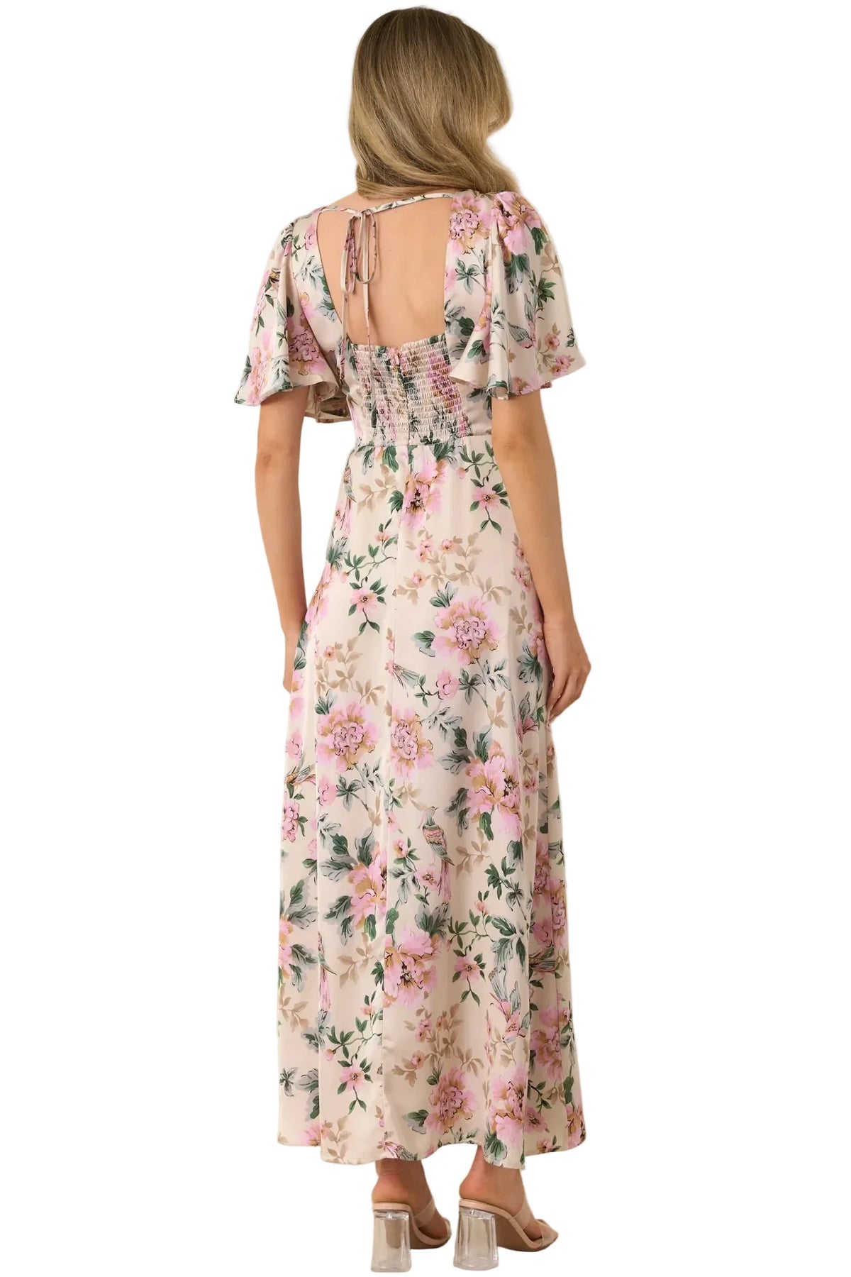 Rosewood Romance Floral Flutter Sleeve Maxi Dress