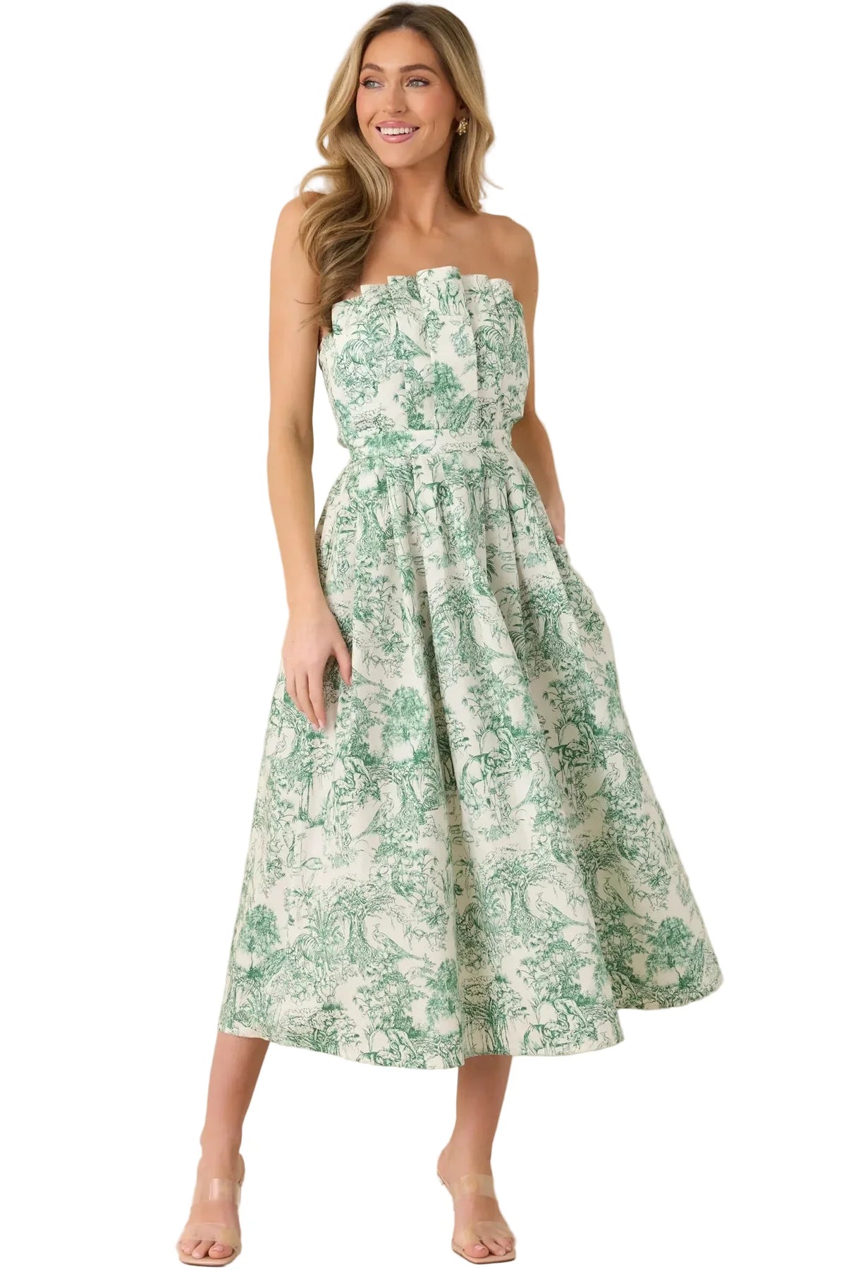 Genevieve Green Toile Strapless Midi Dress