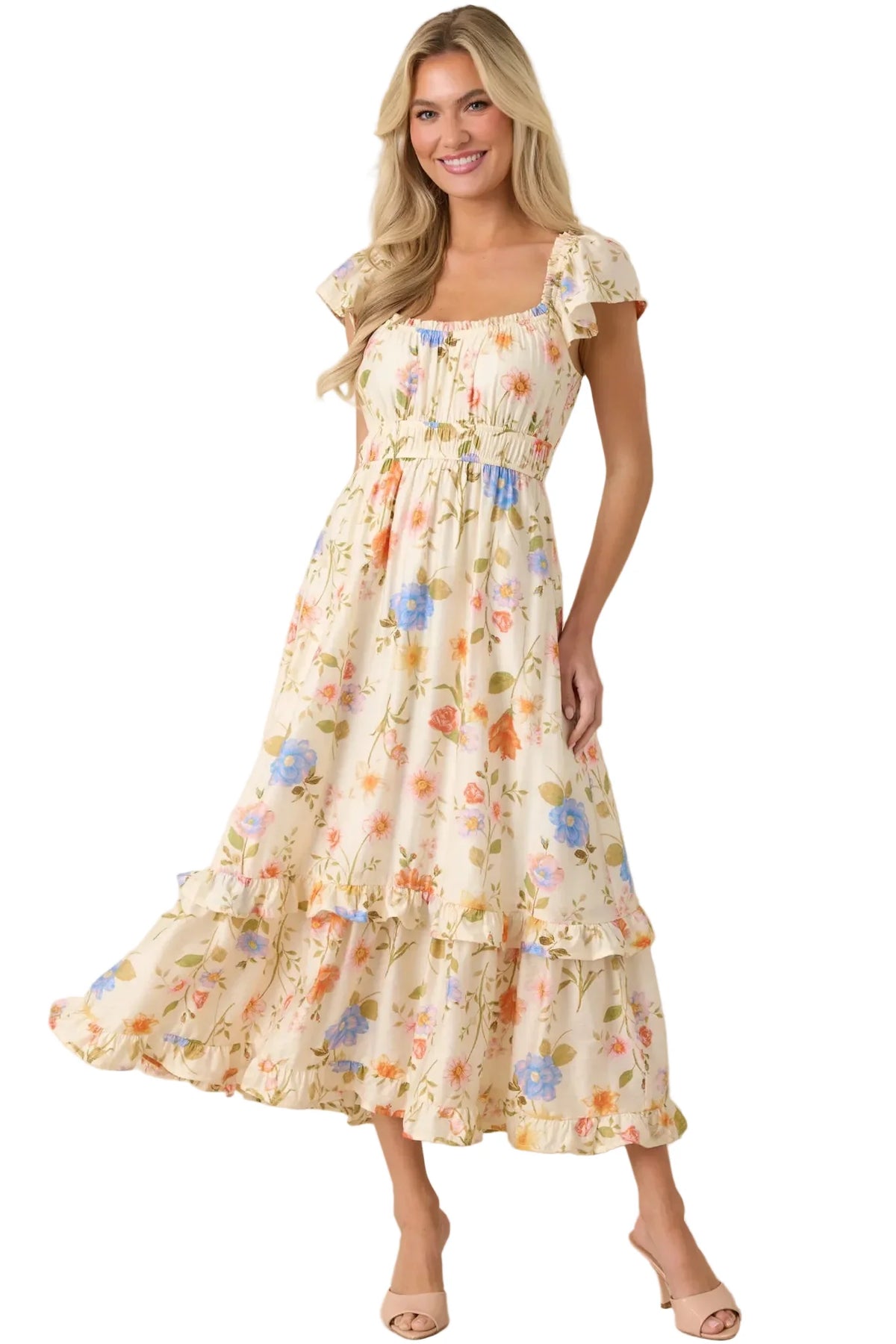 Wildflower Wishes Light Beige Floral Tiered Midi Dress