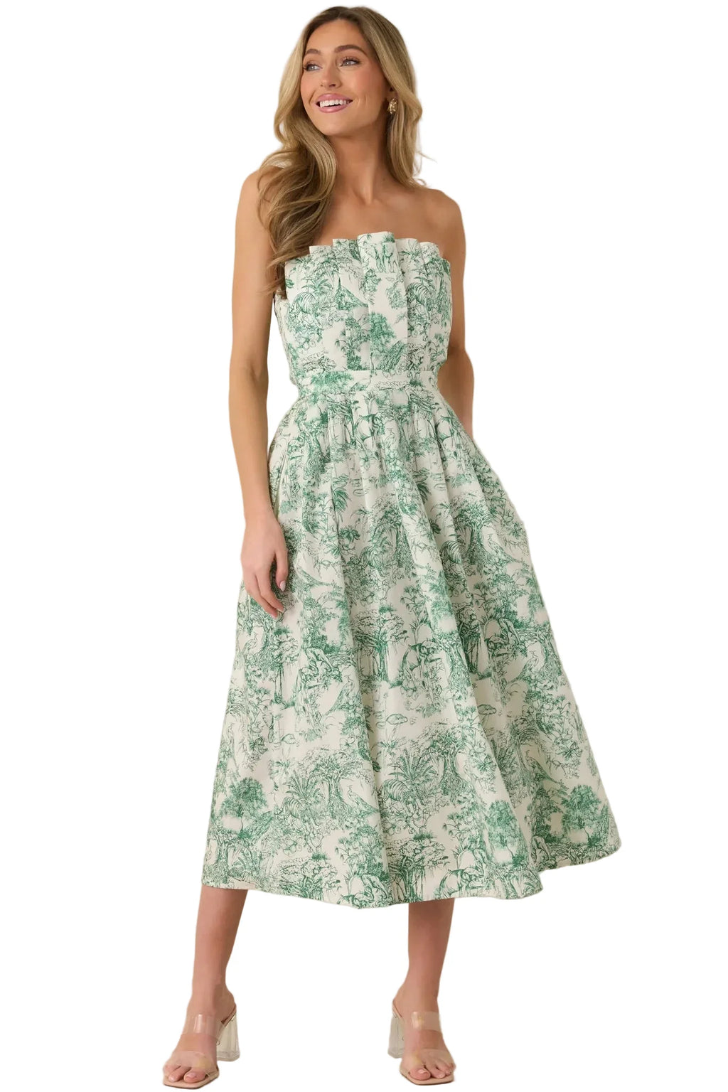 Genevieve Green Toile Strapless Midi Dress