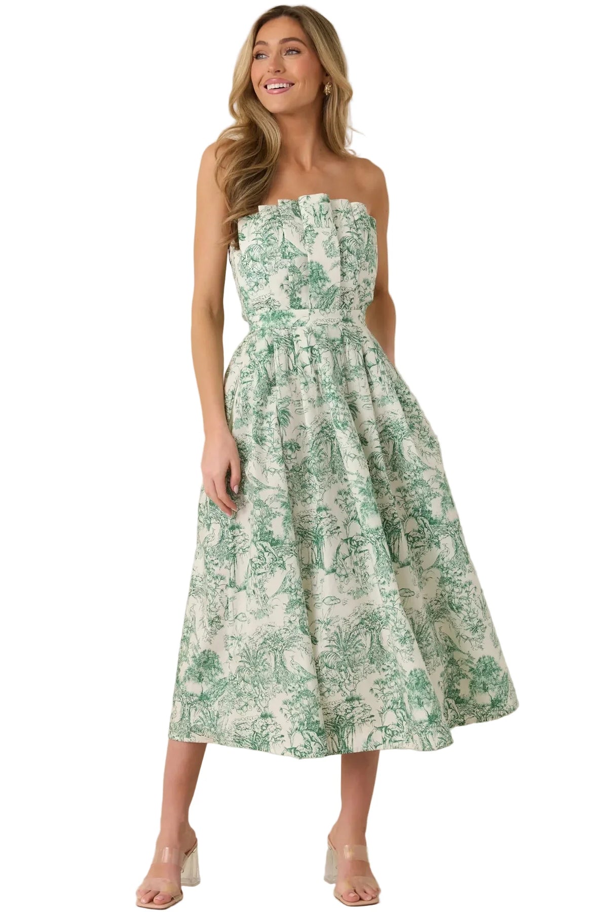 Genevieve Green Toile Strapless Midi Dress