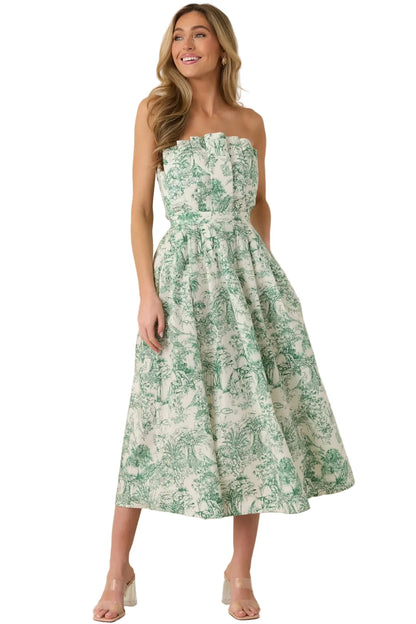 Genevieve Green Toile Strapless Midi Dress