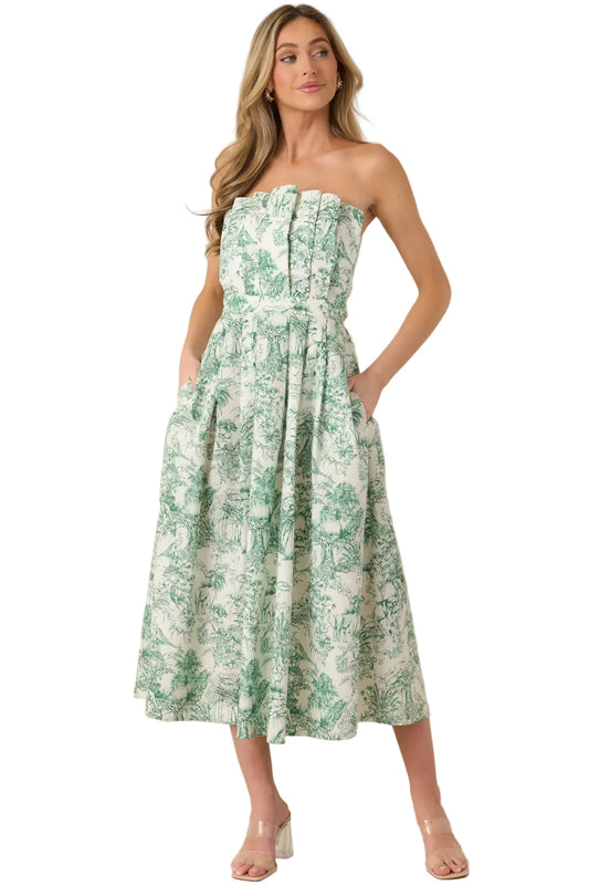 Genevieve Green Toile Strapless Midi Dress