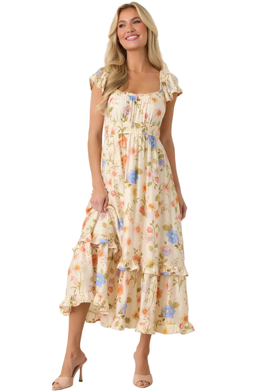 Wildflower Wishes Light Beige Floral Tiered Midi Dress