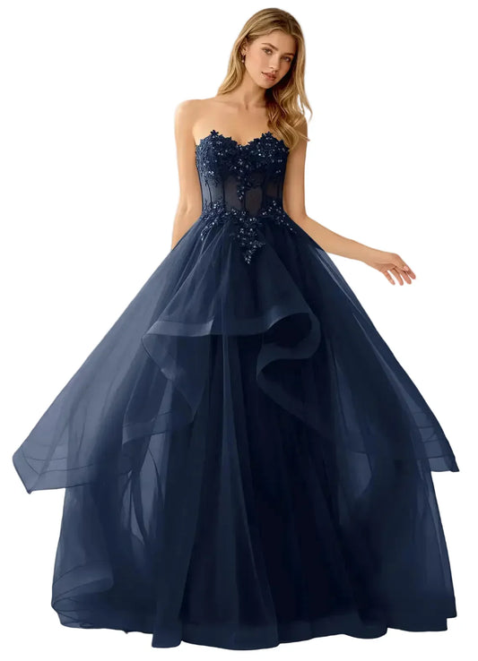 Anais Navy Lace Corset Ruffle Tier Ball Gown