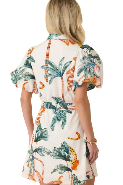 Island Escape Tropical Puff Sleeve Mini Dress