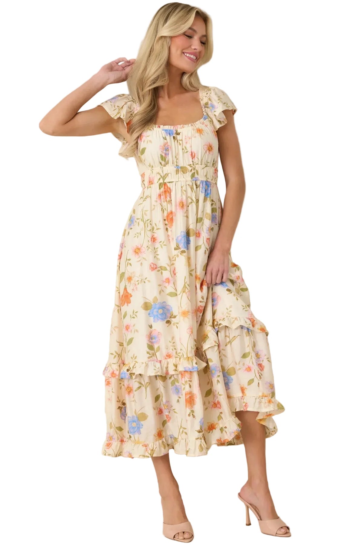 Wildflower Wishes Light Beige Floral Tiered Midi Dress