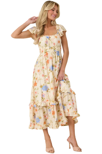 Wildflower Wishes Light Beige Floral Tiered Midi Dress