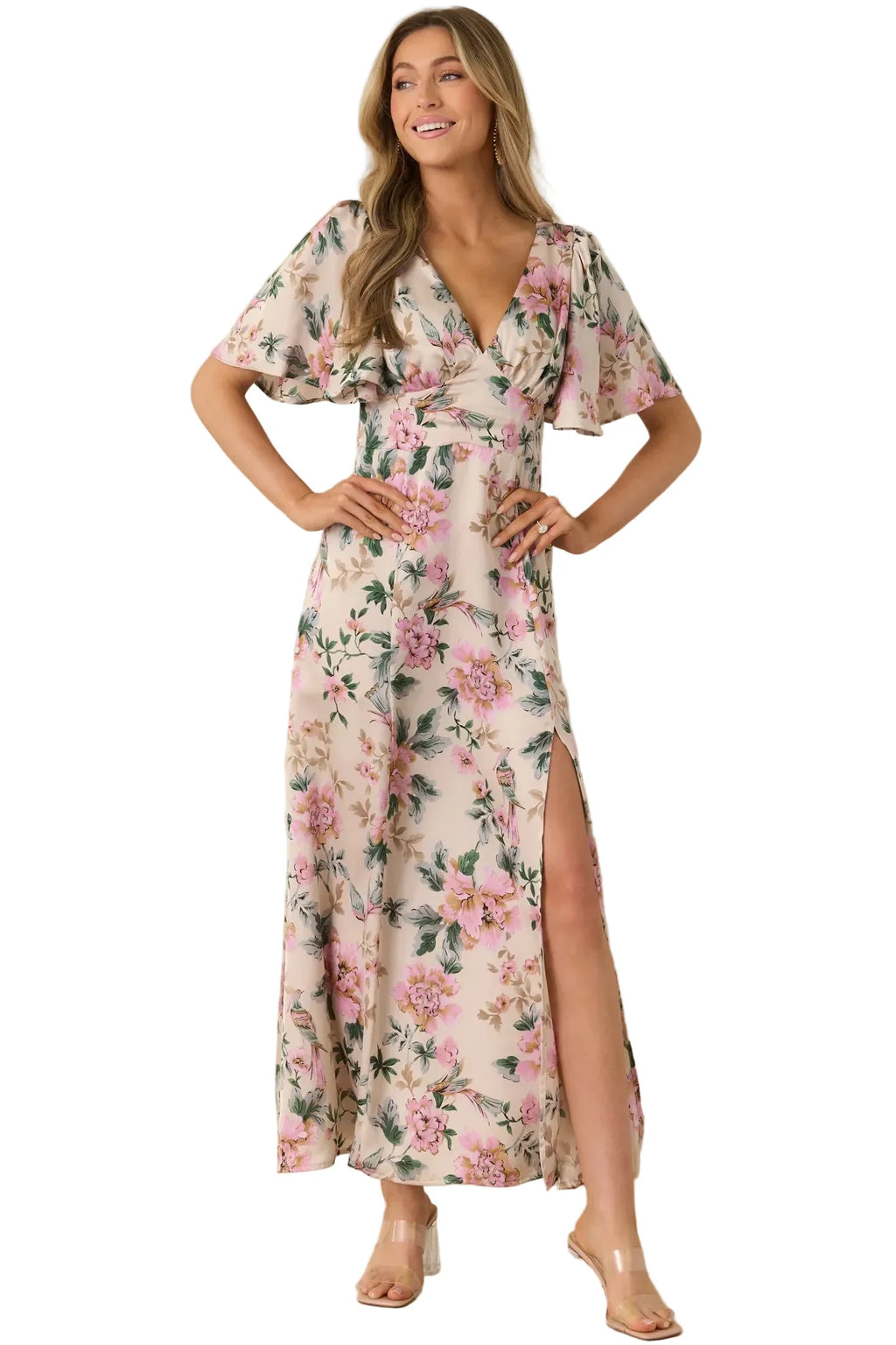 Rosewood Romance Floral Flutter Sleeve Maxi Dress