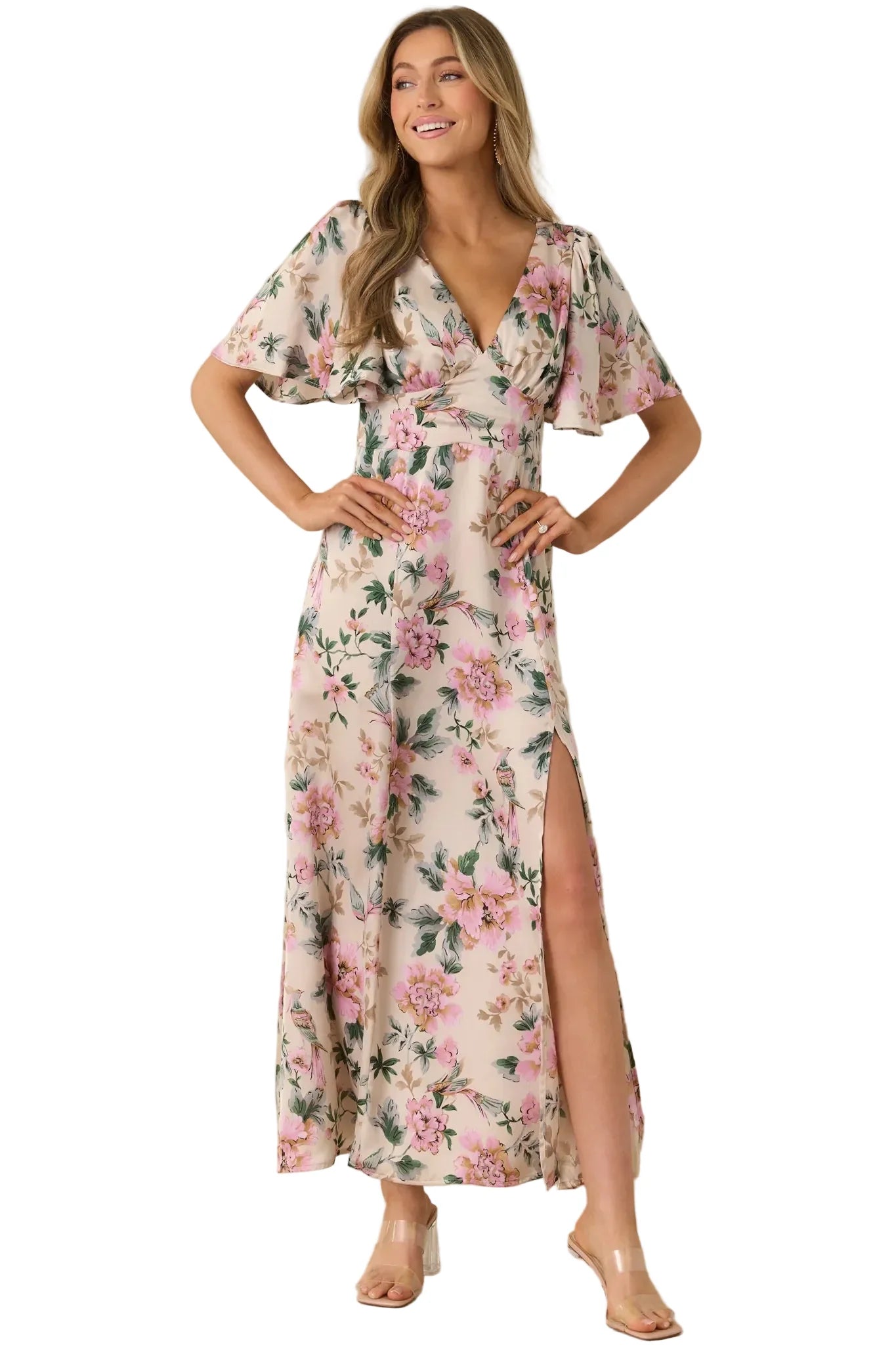 Rosewood Romance Floral Flutter Sleeve Maxi Dress