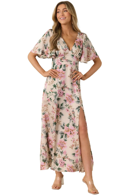 Rosewood Romance Floral Flutter Sleeve Maxi Dress