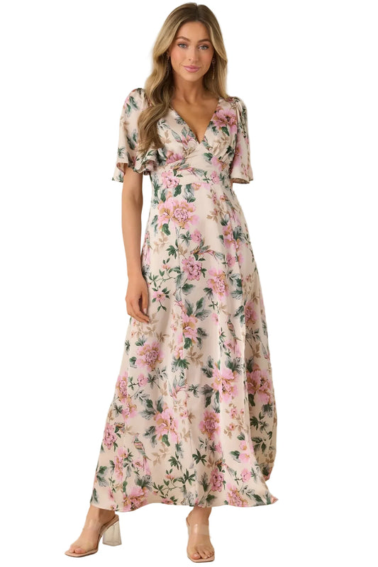 Rosewood Romance Floral Flutter Sleeve Maxi Dress