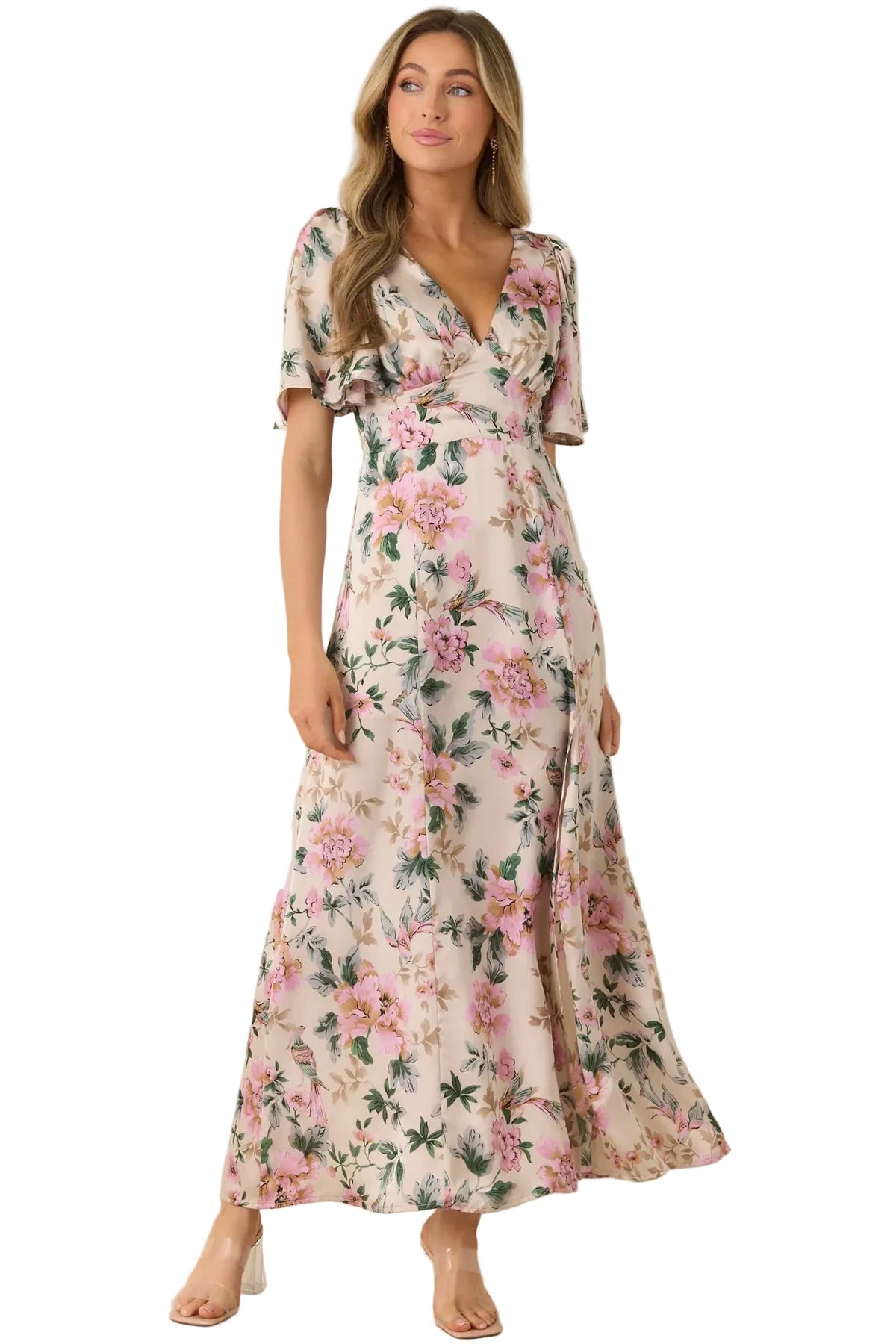 Rosewood Romance Floral Flutter Sleeve Maxi Dress