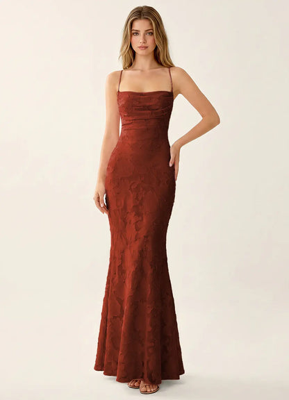 Natasha Truffle Jacquard Lace-Up Mermaid Gown