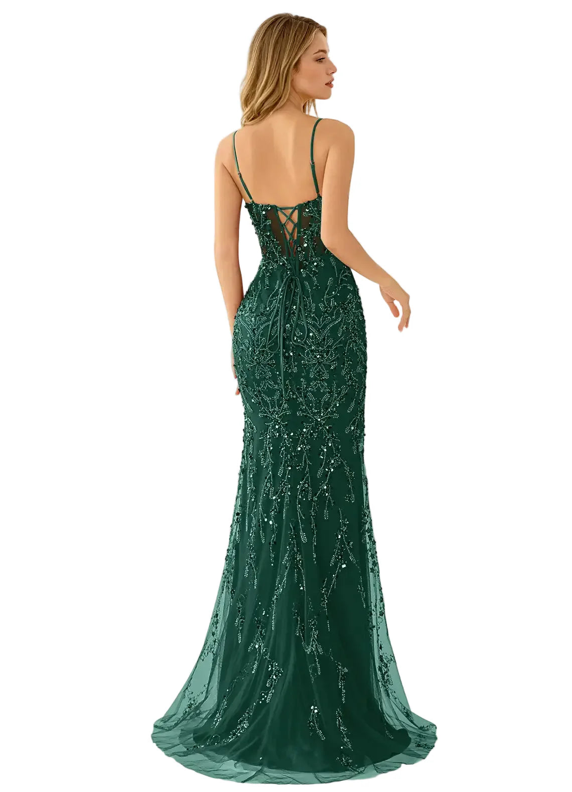 Zivah Dark Green Beaded Mermaid Gown with Lace-Up Corset Back