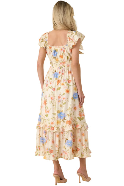 Wildflower Wishes Light Beige Floral Tiered Midi Dress