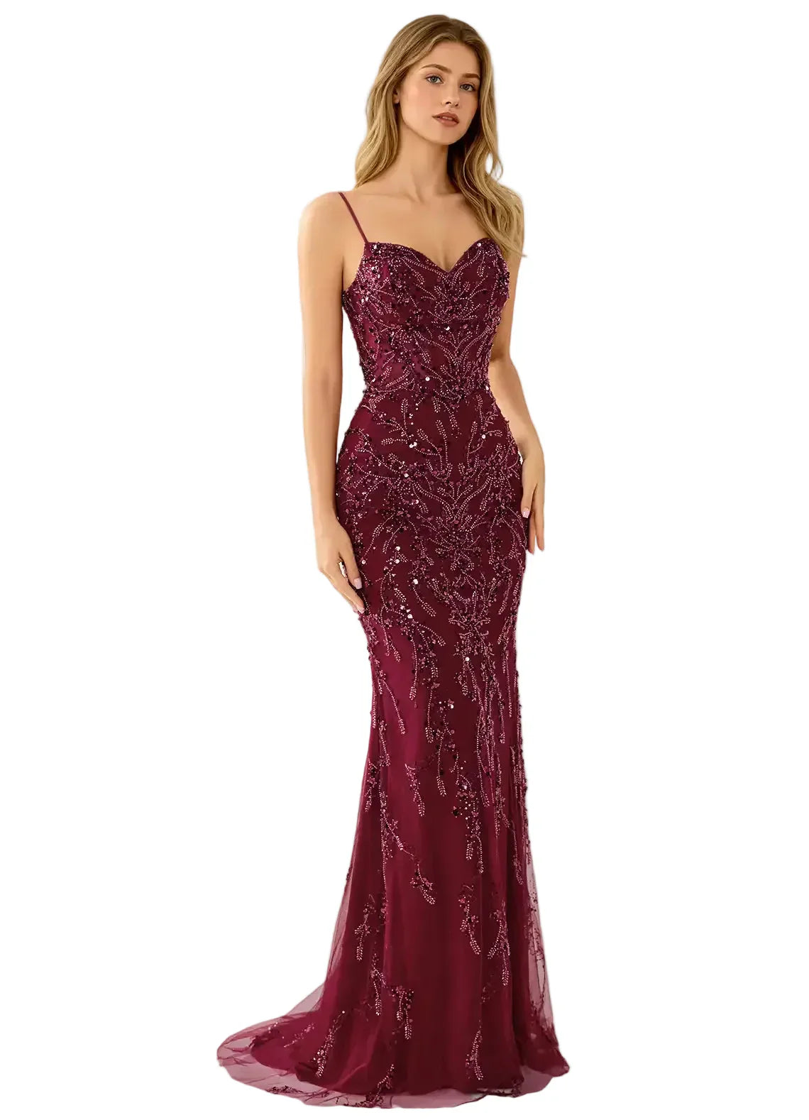 Briareny Burgundy Sequin Embroidered Mermaid Gown