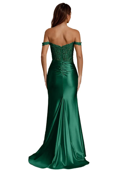 Wrentino Dark Green Embroidered Satin Mermaid Gown