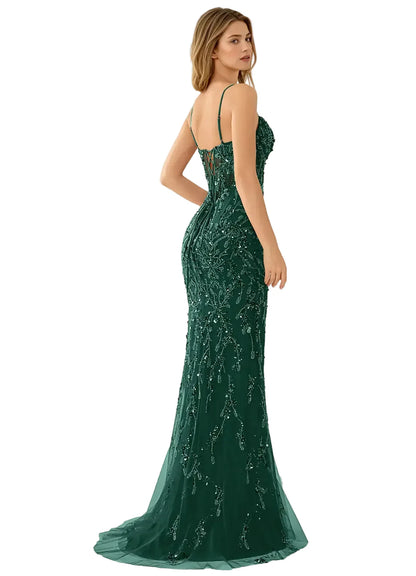 Zivah Dark Green Beaded Mermaid Gown with Lace-Up Corset Back