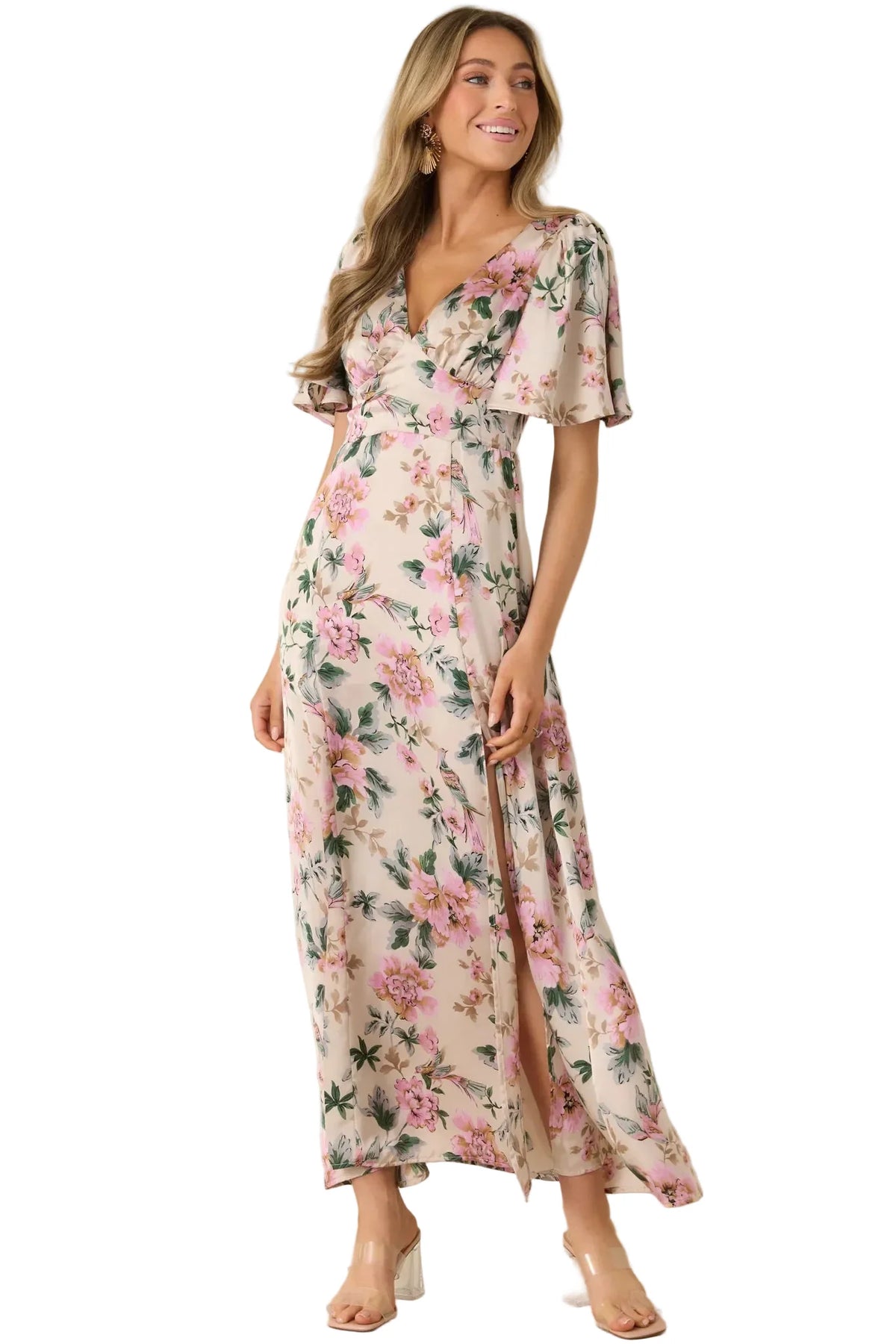 Rosewood Romance Floral Flutter Sleeve Maxi Dress