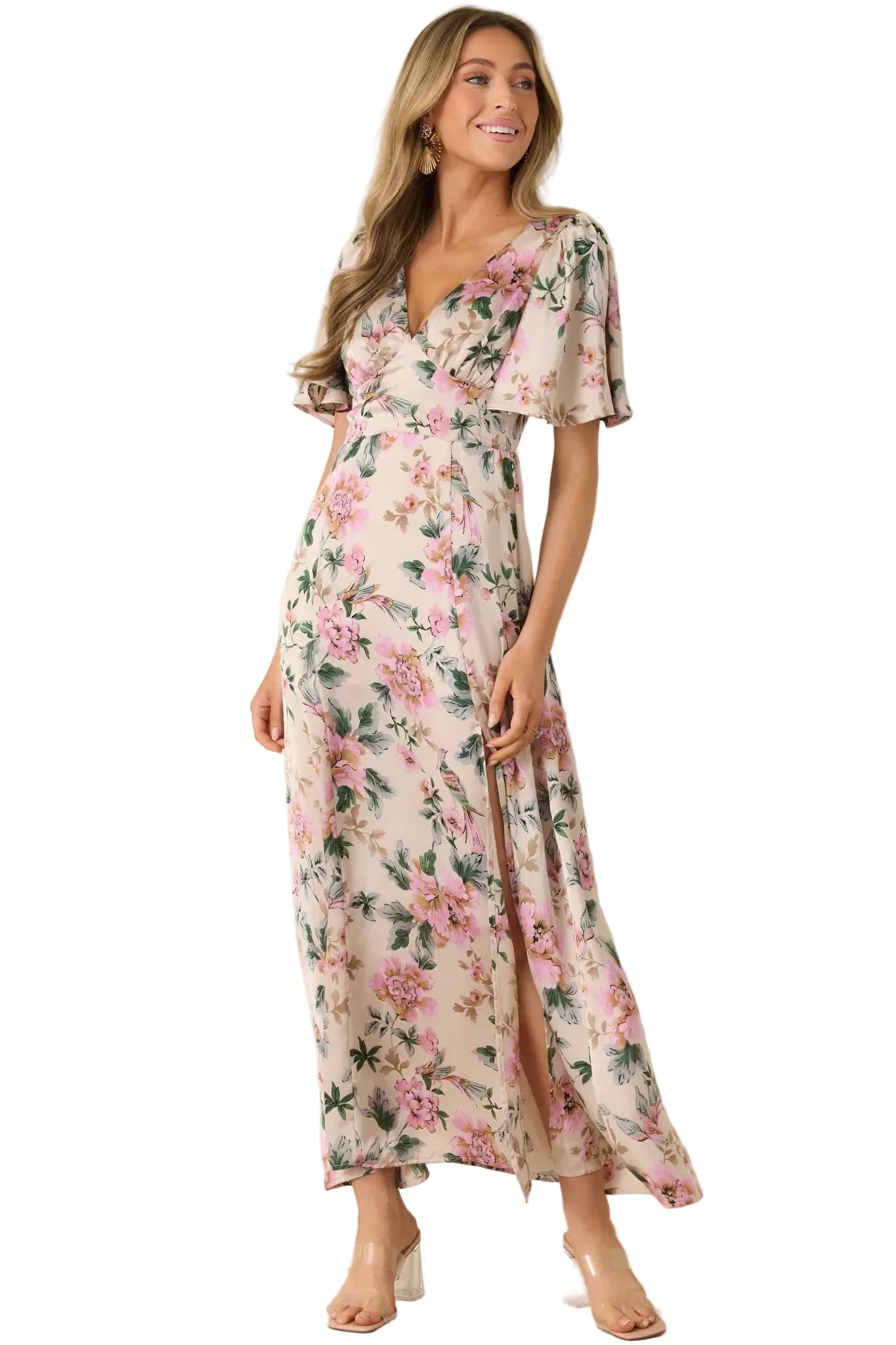 Rosewood Romance Floral Flutter Sleeve Maxi Dress