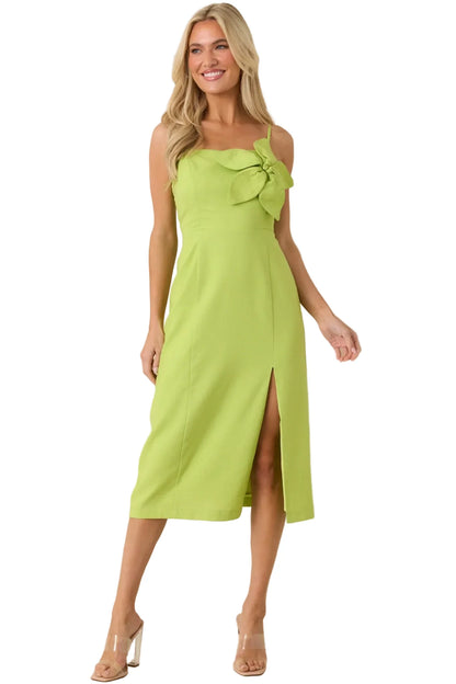 Chartreuse Floral Appliqué Linen Blend Midi Dress
